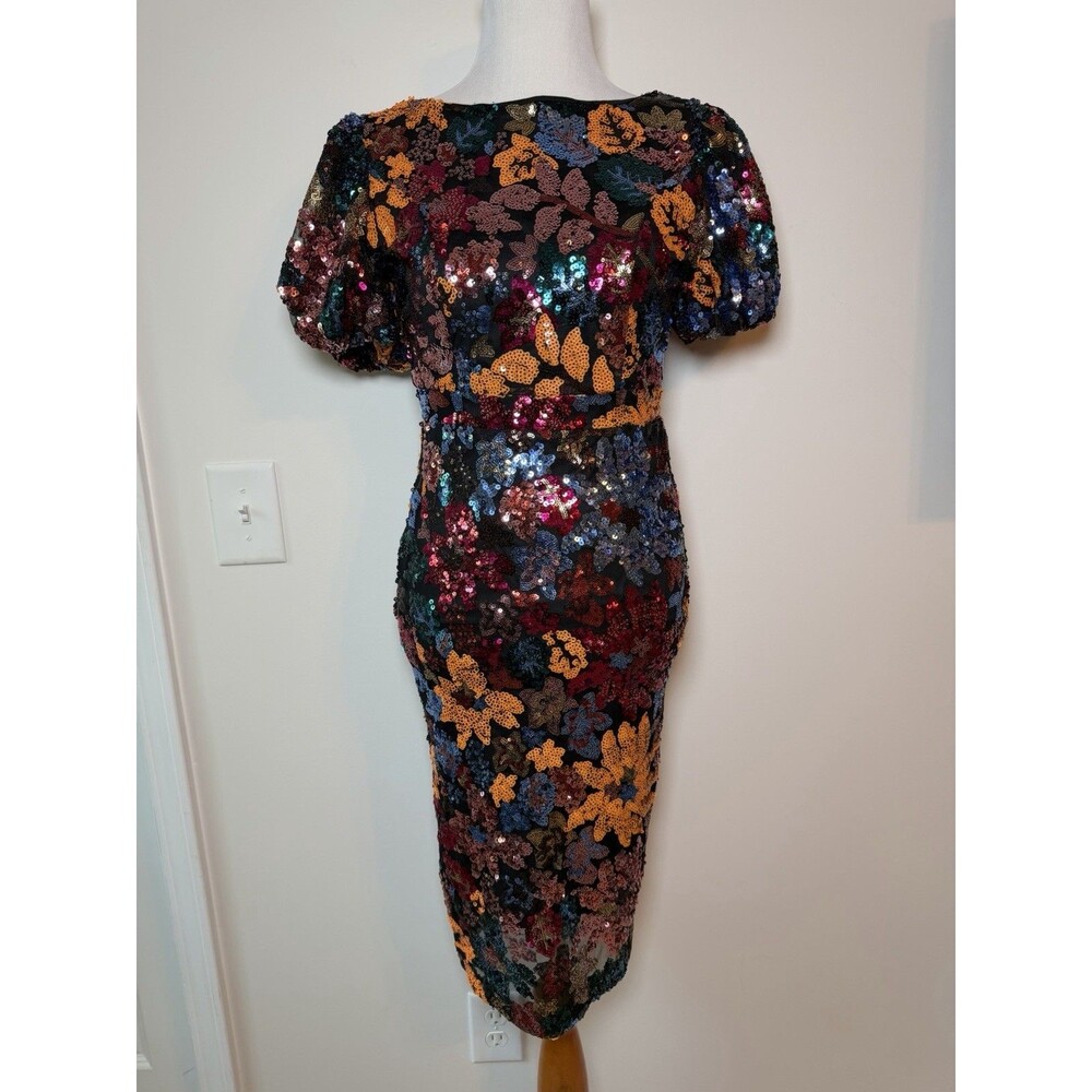 Ivy City Co Black Sequin Floral Midi Dress with Gold, Blue & Burgundy Accents